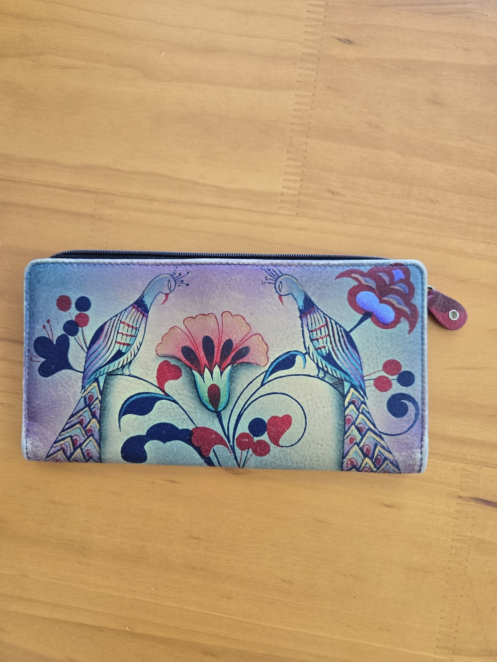 Anuschka Hand-Painted Peacock Floral Zip Wallet in Teal, Purple, Red, Blue